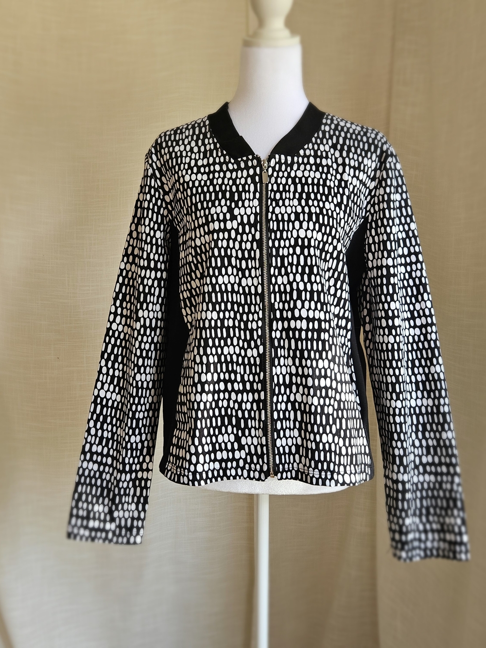 ZOE Womens Size L Black White Polka Dot Full Zip Bomber Jacket stretch - Picture 2 of 16
